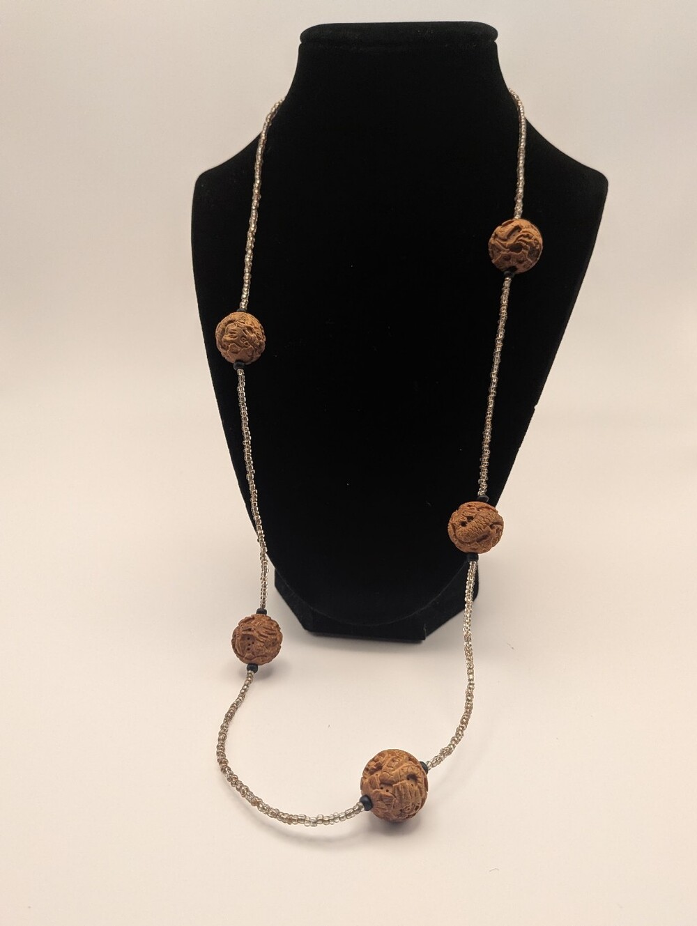 Handcrafted Glass And Hand Carved Wooden Brown Beaded Necklace